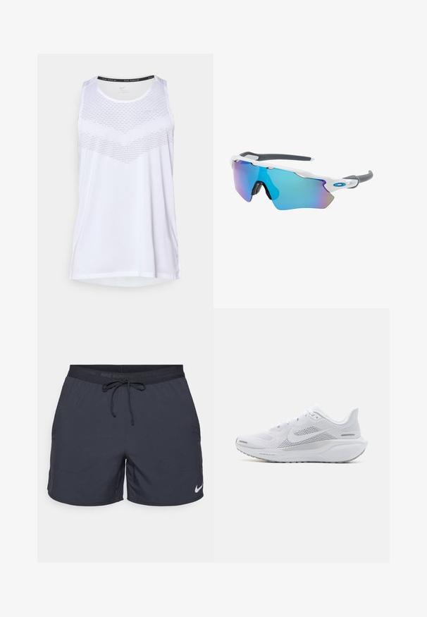 Tricou sportiv alb fără mâneci, cu guler rotund, având un model texturat pe piept și un material respirabil. Design fără mâneci.; Shorts de alergare Nike, gri închis, talie elastică cu şnur, buzunare laterale, material ușor, având un logo alb Nike pe tivul inferior.; Pantofii sport albi cu un superior din plasă, suprapărți cu textură netedă, accente gri, șireturi și o talpă căptușită, concepuți pentru performanță.; Ochelari de soare cu cadru alb, accente gri și lentile curbate albastre. Design sportiv, formă envolvitoare și pernițe de nas ajustabile.
