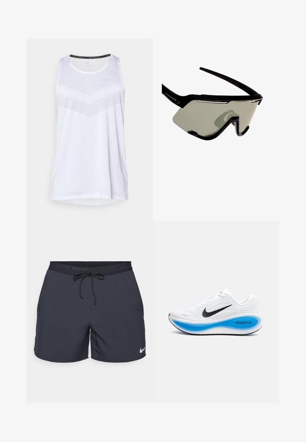 Canotta atletica bianca con scollatura rotonda, caratterizzata da un motivo testurizzato sul petto e materiale traspirante. Design senza maniche.; Shorts da running Nike, grigio scuro, vita elastica con cordino, tasche laterali, tessuto leggero, con il logo Nike bianco sull'orlo inferiore.; Scarpa sportiva bianca con tomaia testurizzata, logo Nike swoosh nero e intersuola blu ZoomX. Presenta una punta arrotondata e suola con motivo.; Occhiali da sole sportivi neri con design avvolgente, dotati di lenti grigie ampie e una struttura robusta con dettagli bianchi e logo.