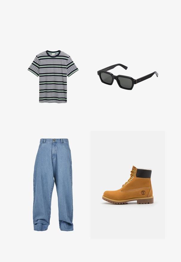 Csíkos póló sötétkék, fehér és zöld színekben. Kerek nyakú, rövid ujjú, és különböző vízszintes csíkok találhatók az anyagon.; Világoskék denim nadrág, laza fazonnal, gombos záródással, elülső zsebekkel és pohárkialakítással, klasszikus öt zsebes kialakítással.; Barna bőrből készült bokacsizma fém fűzőlyukakkal, fehér szőr béléssel, fekete párnázott gallérral, strapabíró talppal és dombornyomott logóval az oldalán.; Fekete, négyzet alakú napszemüveg szürke lencsékkel. Vastag műanyag keretek arany díszítéssel és márkázással a szárán. Sima felület.