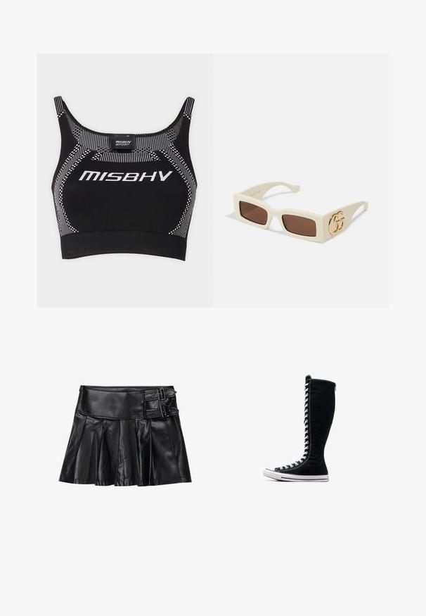 MISBHV TOP - Top - black/white; Černá kožená sukně s sklady, širokým pasem a dvěma přezkami na boku. Hladká textura s lesklým povrchem.; Černé vysoké tenisky s vysokým designem, vyrobené z plátna. Mají bílé šňůrky, švy a gumovou podrážku s ochranným krytem na špičce.; Bílé obdélníkové sluneční brýle s hnědými čočkami. Mají výrazné zlaté logo GG na boku. Vyrobeny z pevnému plastového materiálu.; Bílá prošívaná kabelka vyrobená ze syntetického materiálu, s zlatým řetízkovým uchytem a logem, zakulaceného tvaru s texturovaným povrchem.