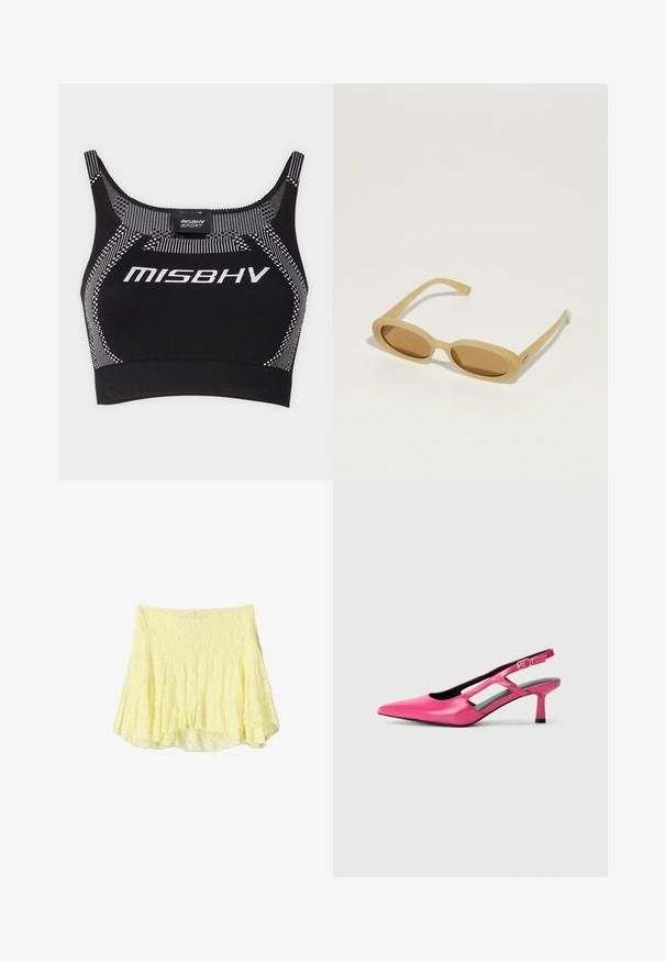 MISBHV TOP - Top - black/white; Yellow flared skirt made of textured fabric, featuring a layered design with a slightly uneven hem. Lightweight and airy appearance.; Pink leather slingback pump with a pointed toe, cut-out detailing, and a low heel. Smooth texture and adjustable buckle closure.; Brown oval sunglasses with a light brown plastic frame. Slim temples and tinted lenses provide a sleek, minimalist design.