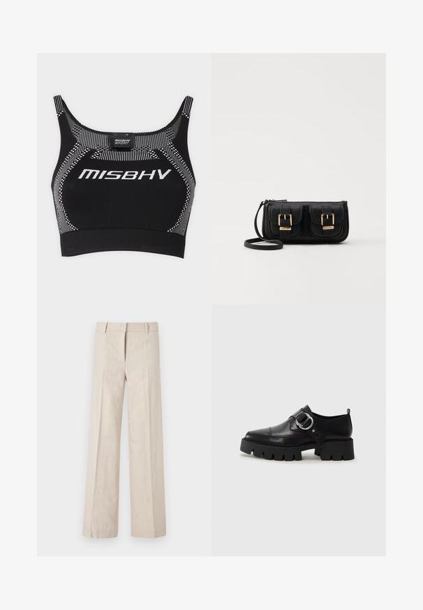 MISBHV TOP - Topper - black/white; Beige vide bukser i let stof, med en glat overflade og rene frontfolder. Livremmen er skræddersyet med bæltesløjfer.; Sorte læringssko med en kraftig ribbet såle, som har en sirkulær sølvfarget detalj og minimal sømdekorasjon.; Svart skinn crossbody veske med to frontlommer, gyldne spenner, glidelåslukking og en slank stropp. Teksturert overflate og kompakt rektangulær form.