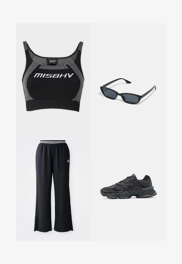 MISBHV - Top; Czarne sportowe spodnie z szerokimi nogawkami, elastycznym pasem z czarno-białymi paskami oraz rozcięciami po bokach u dołu.; Czarne buty biegowe z mieszanką siateczki i materiałów syntetycznych, masywną podeszwą, opływowym kształtem oraz wyraźnym brandingiem z boku.; Czarne okulary w kształcie kociego oka z ciemnymi soczewkami, plastikową ramką, smukłymi zausznikami i subtelnym logo na wewnętrznej stronie zausznika. Matowa tekstura.