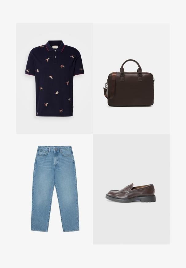 Polo navy com colarinho e punhos vermelhos, com patos bordados em várias posições ao longo do tecido. Feito de algodão.; Calças de ganga azul-claro com corte de perna reta, design de cinco bolsos e textura ligeiramente desbotada. Apresentam fecho de botão e zipper.; Mocassins de couro castanho com um acabamento suave, bico redondo, costura mínima e uma sola grossa de borracha preta. Sem hardware ou detalhes visíveis.; Mala de laptop em pele castanha com uma superfície texturizada, duas alças superiores, alça ajustável e duas fivelas frontais para um detalhe adicional.
