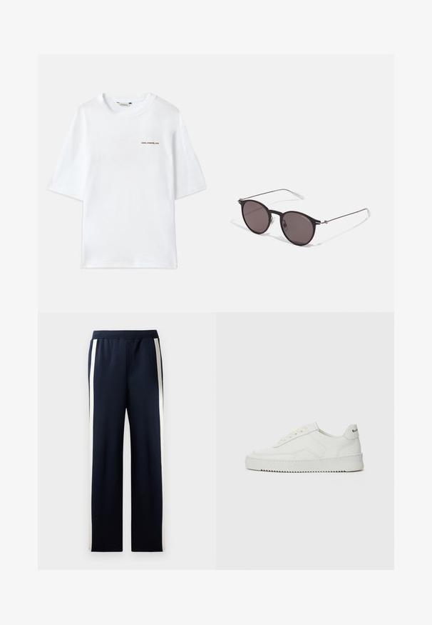 Valkoinen puuvillapaita lyhyillä hihoilla, pyöreällä kaula-aukolla ja edessä pieni vaaleanruskea "Holzweiler" -logo. Sileä pinta, rento malli.; Loitsu siniset verkkarit leveällä lahkeiden muotoilulla, joissa on pystysuuntaiset kerma- väriset raidat sivuilla. Valmistettu pehmeästä, tekstuuritetusta kankaasta, jossa on joustava vyötärö.; Valkoinen nahkakenkä, jossa on sileä pinta, pyöreä kärki, tasaiset nauhat ja teksturoitu pohja. Sisältää huomaamattoman logon kantapäässä.; Musta pyöreä aurinkolasit tummilla linsseillä ja kapeilla metallikehyksillä. Sisältää kirkkaat temppelet ja hopeiset yksityiskohdat saranassa. Minimalistinen muotoilu.