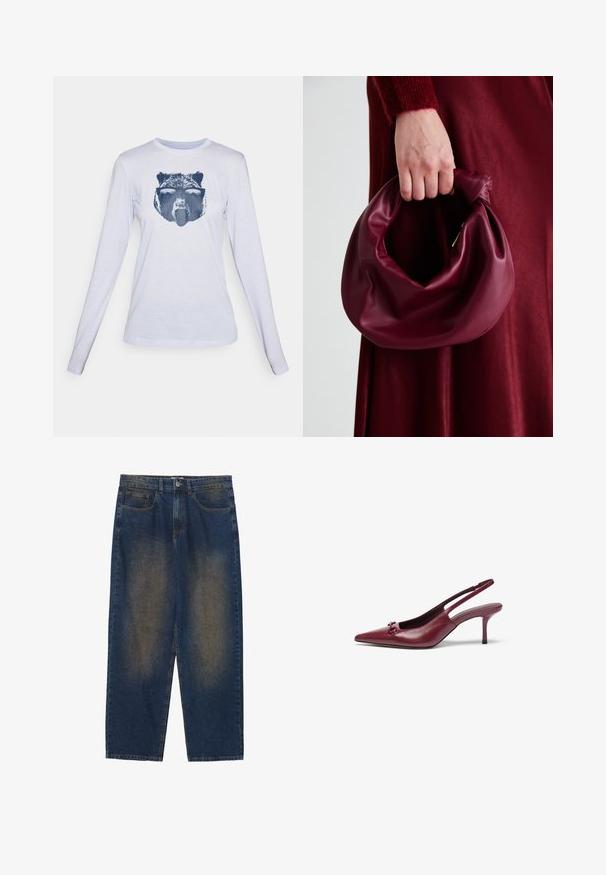 Hosszú ujjú fehér póló, puha anyagból, amelyen egy sötétkék medve grafika látható az elülső részén. Kerek nyakkivágás és szabványos fazon jellemzi.; Kék farmernadrág laza adottságokkal, közepes mosással, öt zsebbel, gombos záródással és enyhén megkopott részekkel az elején.; Bordó szandálmagassarkú, hegyes orral, bőrből készült. Díszes részlet található a lábfején, és 7,5 cm-es tűsarokkal rendelkezik.; Burgundi bőrtáska puhán ráncolt dizájnnal és kerek alakban. A fogantyú rögzítve van, sima textúrával rendelkezik.