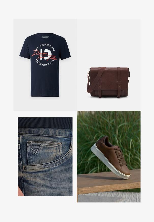 T-paita tummansinisestä puuvillasta, jossa on pyöreä graafinen kuvio valkoisella ja punaisella tekstillä, sisältäen "Denim Tom Tailor" ja "Established 2007."; Siniset farkut, joissa haalistunut pinta, valuuttatasku ja musta logokoriste edessä. Vyötärönauha on tummansinistä ribbineulosta kangasta.; Ruskeat nahkakengät valkoisella kumipohjalla, pyöristetty kärki ja ruskeat nauhat. Pohjassa on karhea pinta ja yläosassa sileä viimeistely.; Ruskea nahkainen viestintälaatikko, jossa on litteä etuläppä, kaksi remmiä, kultaiset yksityiskohdat ja säädettävä olkahihna.