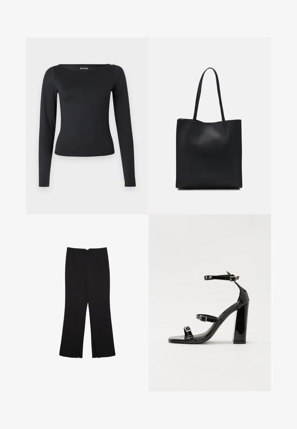Černý top s dlouhým rukávem a kulatým výstřihem, vyrobený z elastické látky, s přiléhavým střihem a hladkou texturou.; Černé kalhoty s rovným střihem, s předními kapsami a bočními rozparky na lemu. Vyrobené z jemné, hladké tkaniny. Vhodné na různé příležitosti.; Černé lakované sandály na podpatku se čtveratou špičkou, lýtkovými pásky a stříbrnými přezkami. Disponují masivním blokovým podpatkem pro stabilitu.; Černá kožená taška přes rameno s hladkým povrchem, obdélníkovým tvarem a dvěma dlouhými uchy. Žádné viditelné kování ani ozdoby.