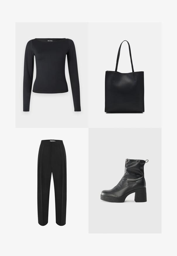 Schwarzes Langarmoberteil mit Rundhalsausschnitt aus elastischem Stoff, mit figurbetonter Silhouette und glatter Textur.; Schwarze weit geschnittene Hose mit hoher Taille, aus einem glatten Material und mit zwei vorderen Falten. Entworfen in einem klaren, maßgeschneiderten Schnitt.; Schwarze Stiefeletten aus glattem Leder mit seitlichem Reißverschluss, klobigem strukturiertem Absatz und runder Zehenform.; Schwarze Laptoptasche aus Leder mit glatter Textur, rechteckiger Form und zwei langen Griffen. Keine sichtbaren Beschläge oder Verzierungen.