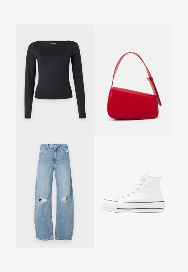 Crni top s dugim rukavima i okruglim izrezom, napravljen od rastezljivog materijala, s krojem koji prati tijelo i glatkom teksturom.; Svijetloplave, visoko-strukirane traperice. Imaju široke nogavice, dva razderana područja na koljenima i klasičan stil s pet džepova.; Bijela visoka platnena tenisica s crnom gumenom potplatom, prednjim gumenim zaštitnikom prstiju i šest rupa za vezanje, s čistim, minimalističkim dizajnom.; Crvena kožna torba s kutnim, geometrijskim dizajnom. Ima jedan podesivi remen i preklopni zatvarač sa šivenim detaljima.