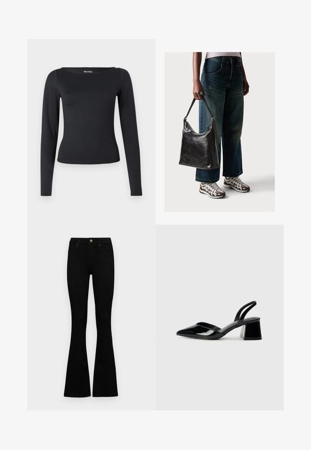 Top nero a maniche lunghe con scollo a barchetta, realizzato in tessuto elastico, caratterizzato da una silhouette aderente e una texture liscia.; Jeans neri a vita alta con chiusura a bottoni e zip, tasche frontali e gambali svasati, distesi su uno sfondo bianco.; Décolleté in vernice nera con punta affusolata e tacco in geometria cubica. Presentano un design elegante e minimalista, con una texture liscia.; Borsa a tracolla nera in pelle con una texture liscia e tracolla regolabile, abbinata a jeans ampi sbiaditi e sneakers sportive.