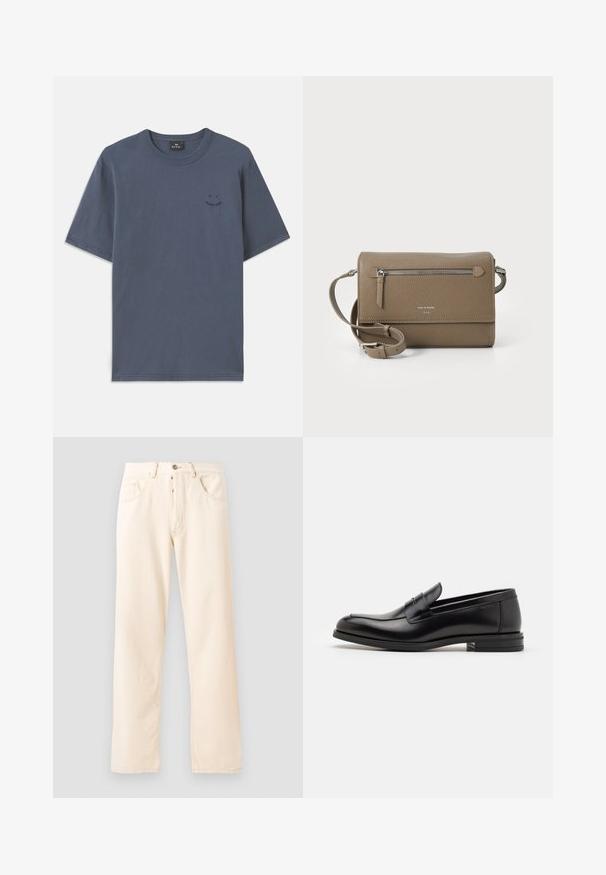Mörkblå kortärmad T-shirt i bomull, med rund halsringning och liten svart grafisk detalj på bröstet. Avslappnad passform med rak fåll.; Ljusbeiga denimjeans med rak bendesign, fem fickor och knappstängning fram. Sömmen syns längs med sömmarna.; Svarta läderloafers med en slät yta, rund tå och ett dekorativt band över främre delen. Låg staplad klack, minimalistisk design.; Taupe läder crossbody-väska med en dragkedjeförsedd framficka, justerbar rem, pebble-textur och präglad logotyp på framsidan.