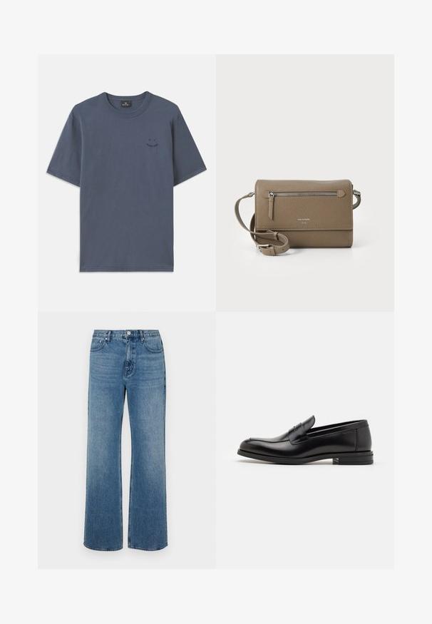 Sötétkék, rövid ujjú pamut póló, kerek nyakkivágással és kis fekete grafikai részlettel a mellkasán. Lazán illeszkedő fazon, egyenes szegéllyel.; Széles lábú, koptatott kék farmernadrág. Öt zsebből, elülső gombos záródásból és egyenes szabásból áll.; Fekete bőr loaferek sima textúrával, kerek orral és dekoratív pánttal a vampnál. Alacsony, rétegelt sarkú, minimalista dizájn.; Taupe színű bőr keresztpántos táska cipzáras elülső zsebbel, állítható pánttal, gyöngy felületű textúrával és a táska elején domború logóval.