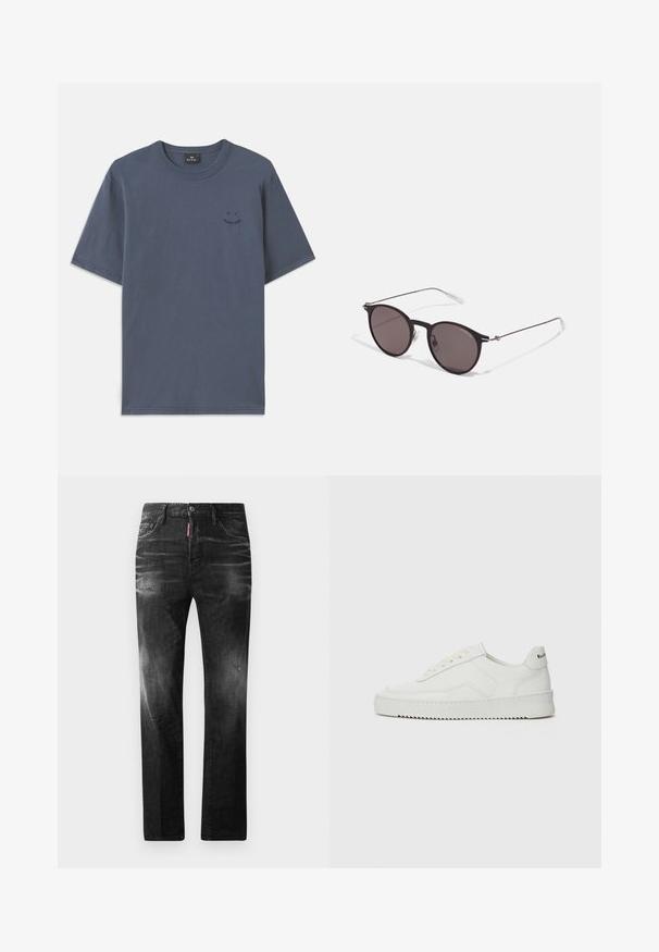 Musta lyhythihainen t-paita puuvillasta, jossa on pyöreä pääntie ja pieni musta graafinen yksityiskohta rinnassa. Rennon mallinen suoralla helmalla.; Mustat denimfarkut suoralla istuvuudella. Ominaisuuksiin kuuluu haalistuneita alueita, pieniä kulumia, klassinen viiden taskun malli sekä nappisulku.; Valkoinen nahkakenkä, jossa on sileä pinta, pyöreä kärki, tasaiset nauhat ja teksturoitu pohja. Sisältää huomaamattoman logon kantapäässä.; Musta pyöreä aurinkolasit tummilla linsseillä ja kapeilla metallikehyksillä. Sisältää kirkkaat temppelet ja hopeiset yksityiskohdat saranassa. Minimalistinen muotoilu.