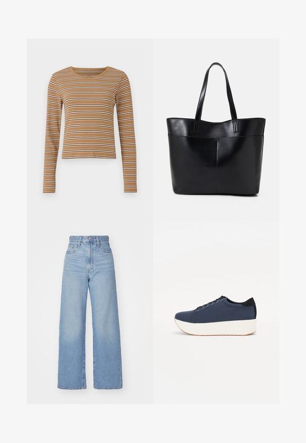 Ruda ilgomis rankovėmis palaidinė su horizontaliomis baltomis ir tamsiai rudomis juostelėmis, raukšlėta tekstūra ir apvaliu kaklu, turinti sutrumpintą dizainą.; Šviesiai mėlynos aukšto liemens plačios kojos džinsai su priekiniais užtrauktukais ir sagom, priekinėmis ir galinėmis kišenėmis, ant baltos fono.; Tamsiai mėlynas sportinis batelis su tekstūruotu audiniu viršuje, baltu platformos padu, apvaliu pirštu ir juodu kulno akcentu.š. Yra šešios skylės raišteliams.; Juoda odinė rankinė su dviem ilgais diržais, lygiu paviršiumi ir struktūrizuota forma. Yra priekinė kišenė papildomam saugojimui.