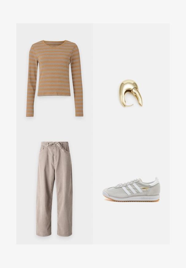 Barna hosszú ujjú felső, vízszintes fehér és sötétbarna csíkokkal, bordás textúrával és kerek nyakkivágással, amely crop stílusú.; Beige bordás nadrág laza fazonnal, állítható derekkal, két elülső zsebbel és függőleges bordázott textúrával.; Világosszürke sportcipő velúr és hálós anyagból, három fehér csíkkal, kerek orral és gumi talppal. Arany logó dísz a fűzők közelében.; Aranyszínű fém fülbevaló, elegáns, ívelt formával. Különleges hegyes alak, fényes felszín és zsanéros záródás jellemzi.