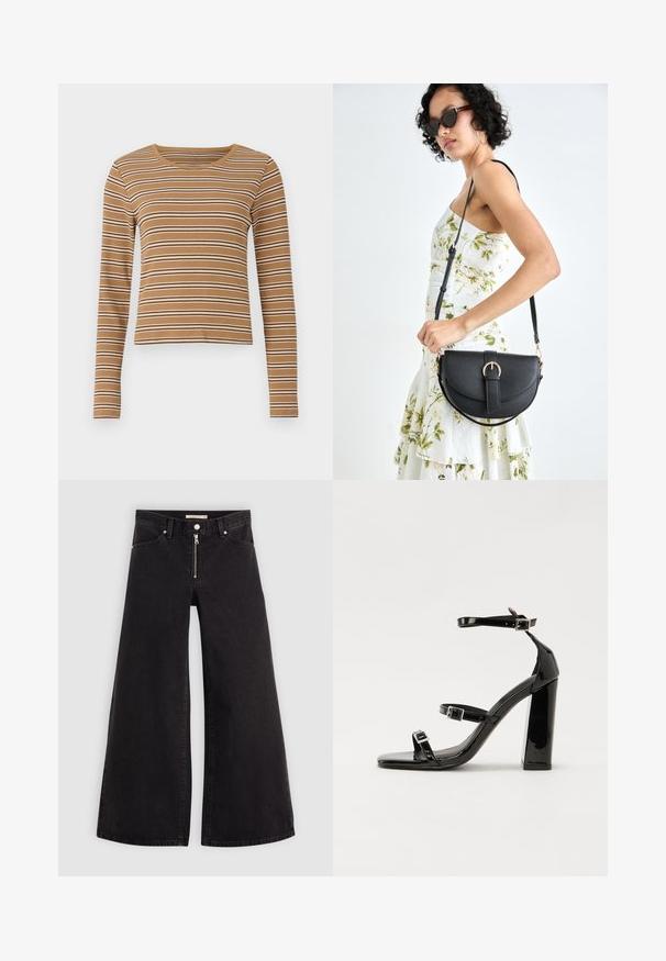 Camisola de manga longa castanha com riscas horizontais brancas e castanhas escuras, textura canelada e decote redondo, apresentando um design cropped.; Calças de ganga de perna larga em denim preto com fecho éclair à frente, design de cinco bolsos e detalhes de costura subtil. Textura suave e estilo casual.; Sandálias de tacão preto laqueadas com bico quadrado, tiras para o tornozelo e fivelas prateadas. Apresentam um salto bloco chunky para estabilidade.; Bolsa de couro preta com forma curva, alça destacável e detalhes em dourado. A bolsa possui uma aba com detalhe de fivela.