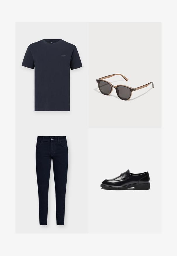 Navy cotton t-shirt with a crew neckline, short sleeves, and a small branded logo in gray on the left chest. Smooth texture.; Dark blue, slim-fit jeans with five pockets, a button closure, and a sturdy denim fabric. Features a classic design and minimal stitching.; Zign LEATHER - Smart slip-ons - black; Brown plastic sunglasses with dark lenses, rounded shape, and tapered arms. Notable embellishment on the temples.