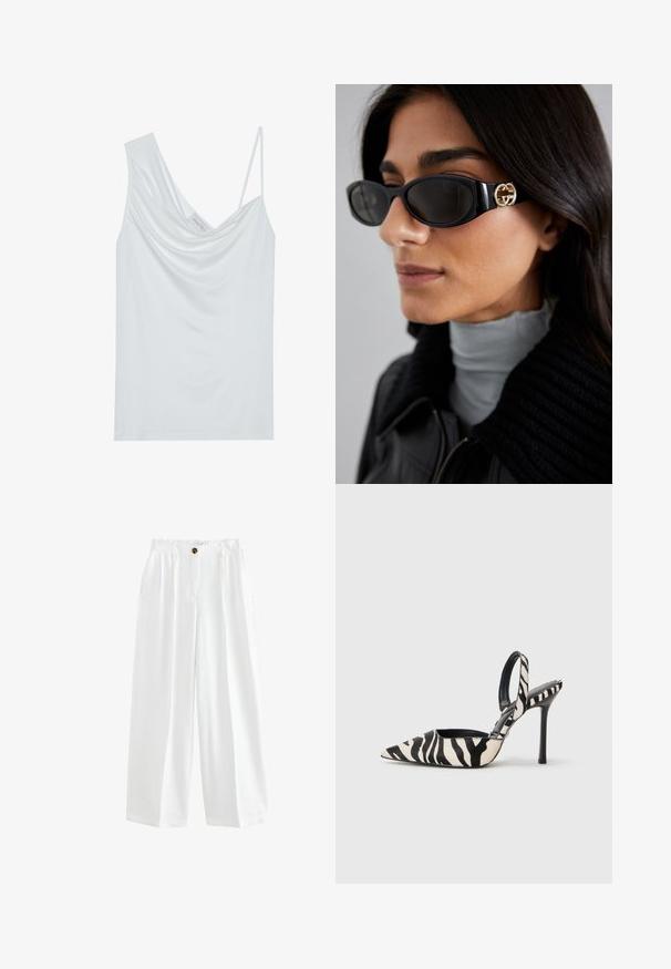 Valge kampsun, millel on voolav kaelus, õhukesed reguleeritavad rihmad ja sile tekstuur. Siseosas on silt, millel on kirjas "ANNA FIELD."; Valged laiad püksid, mis on valmistatud kergest kangast. Omavad nööbi sulgemist, kahte küljetaskut ja vaba lõiget.; Kitsas varba, avatud kand ja peen kõrge konts musta ja kreemi värvi zebra mustriga, mille sees on must interjöör.; Mustad musternuga prillid, millel on ansamblil süsimust ristkülikukujuline raam ja külgedel kuldne logo. Tumeda objektiiviga ja läikiv viimistlus on silmatorkavad.; Must mustrask käekott mustast nahast, millel on hõljuv kuju ja lai õlavarre rihm. Omab tekstuuri, punutud mustrit, mis on sileda pinnaga.