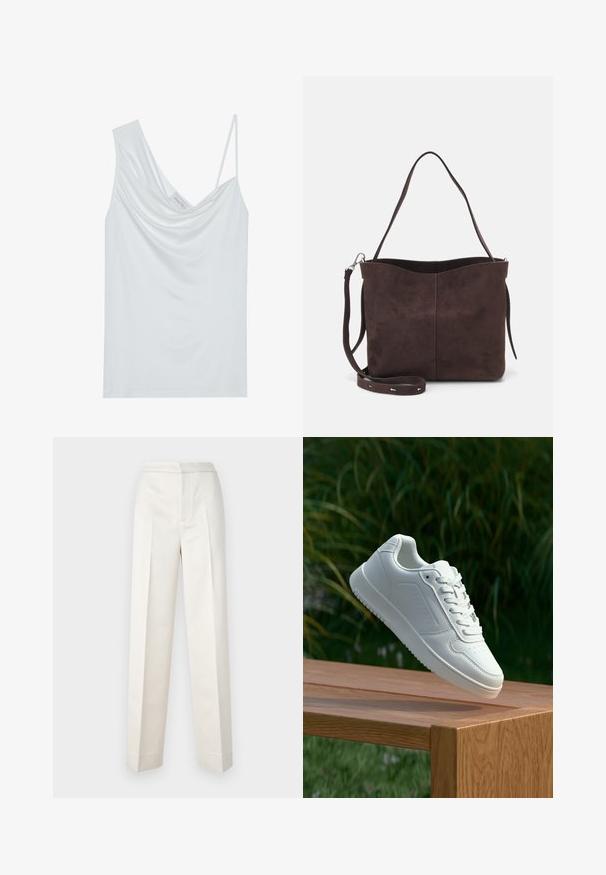 Biela podprsenka s drapériou na výstrihu, tenkými nastaviteľnými ramienkami a hladkou textúrou. Obsahuje štítok vo vnútri s nápisom "ANNA FIELD."; Krémoé nohavice s prispôsobeným strihom, rovné nohavice, hladká tkanina, predné záhyby a čistý lem. Minimalistický dizajn.; Biele tenisky s hladkým syntetickým zvrškom, perforovanou špičkou, plochými šnúrkami a textúrovanou podrážkou, vystavené na drevenej ploche.; Hnedá semišová taška s mäkkou textúrou, vybavená jedným ramenným popruhom a jemne zakriveným horným otvorom. Bez viditeľných hardvérových detailov.