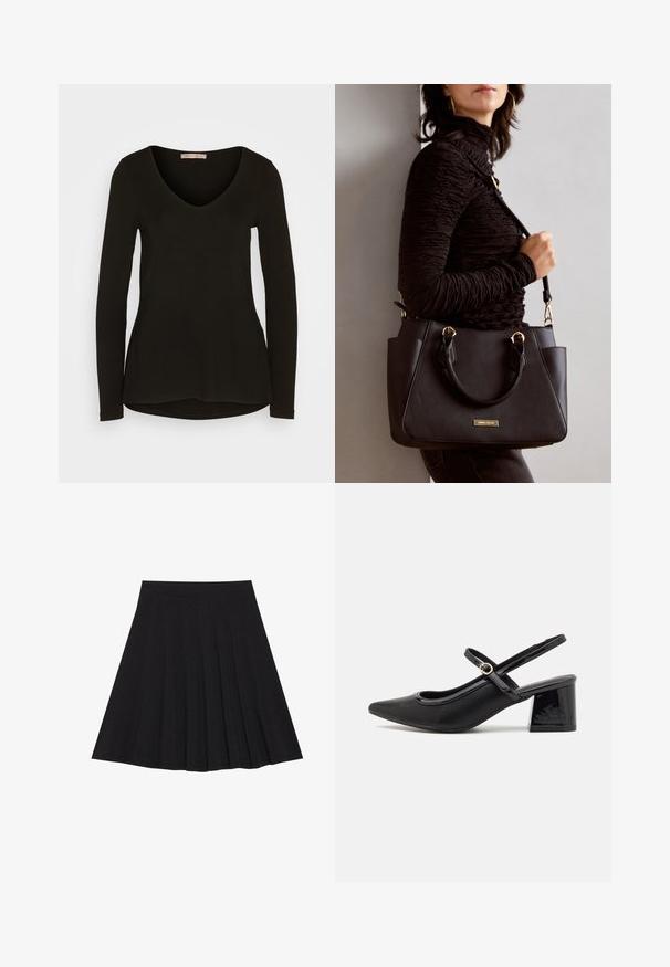 Pika-sleeve, V-kaelusega must topp, mis on valmistatud siledast ja elastseks kangast; omab ümarat hemmi ja istuvat siluetti.; Must mustriga seelik, millel on tekstureeritud kangas ja kitsas vöökoht. Ulatuv põlveni, omadab sujuvat ja lõputut siluetti.; Mustad läikivad nahast slingback-kõrged kontsad, millel on terav nina, ümar lõikekujundus ja blokknina. Omab kuldset nupu aktsenti.; Musthave must kott, millel on tekstuurne pind, kaks ülemist käepidet ja reguleeritav õlarihm. Omab kuldse tooni riistu ja külgtaskuid.