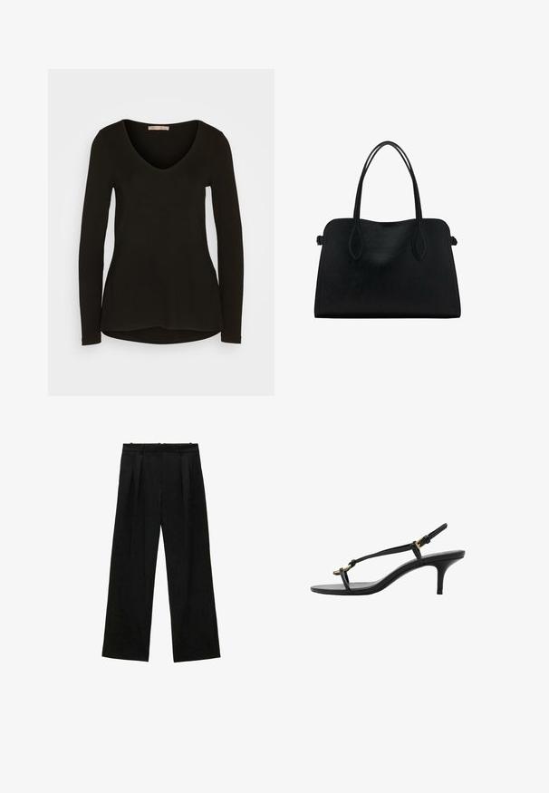 Top negru cu mânecă lungă și decolteu în V, realizat dintr-un material neted și elastic; are un tiv rotund și o siluetă ajustată.; Pantaloni negri cu picioare largi și pliseuri, având o textură netedă și un design cu talie înaltă. Stil minimalist, fără accesorii sau detalii vizibile.; Sandal cu toc kitten din piele neagră, cu curele subțiri, cataramă aurie și buclă minimalistă pentru degetele de la picioare, pe un fundal alb.; Geantă din piele neagră cu două mânere pentru umăr, formă rectangulară și design minimalistic pe un fundal alb.