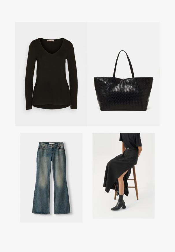 Dlhý rukáv, čierny top s výstrihom do V vyrobený z hladkej, elastickej tkaniny; má zaoblený lem a priliehavý strih.; Modré vyšívané džínsy s vyblednutým vzhľadom, piatimi vreckami a zapínaním na gombík. Materiál zobrazuje denimovú textúru s jemnými švovými detailmi.; Čierna ľanová maxi sukňa s vysokým rozparkom, nosená s čiernym tričkom a čiernymi členkovými čižmami. Minimalistický dizajn s voľným strihom.; Čierna tkaná taška s dvoma pevnými uchami, s lesklým povrchom a priestranným otvoreným dizajnom vrchnej časti.