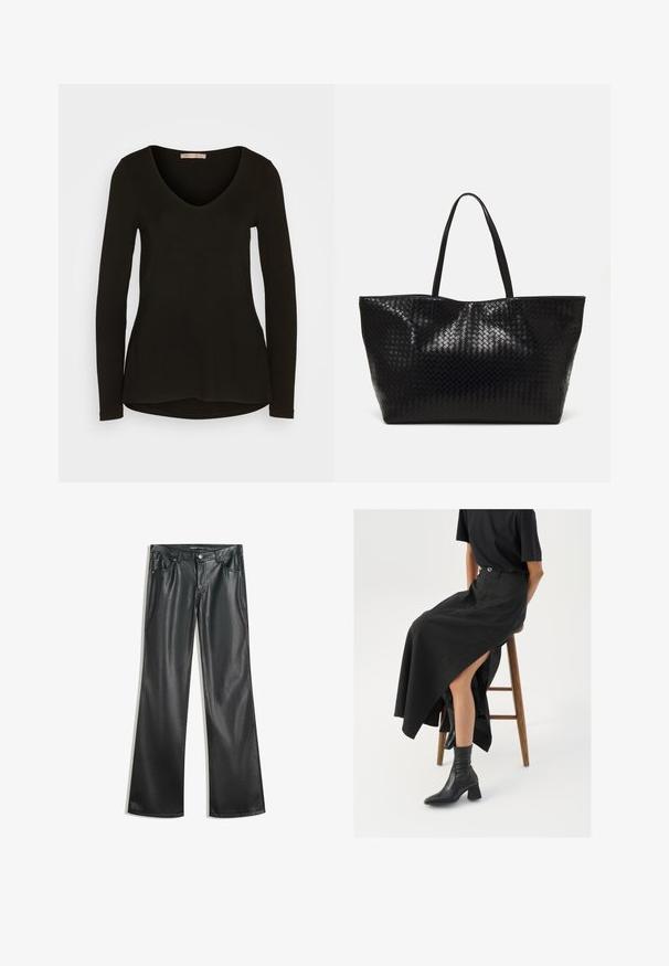 Top negru cu mânecă lungă și decolteu în V, realizat dintr-un material neted și elastic; are un tiv rotund și o siluetă ajustată.; Pantaloni flared din piele ecologică neagră, cu o textură netedă, design cu cinci buzunare, fermoar frontal și cusături contrastante.; Fustă maxi din in negru cu o fanta înaltă, purtată cu un tricou negru și cizmulițe negre până la gleznă. Design minimalistic cu o croială lejeră.; Geantă de umăr țesută neagră, cu două mânere rezistente, având o textură lucioasă și un design deschis, spațios la partea superioară.