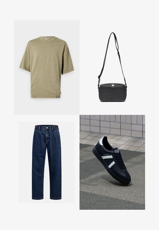 Oliivroheline lühikeste varrukatega T-särk, mis on valmistatud pehmest kangast, ringjoonekaelusega ja lõdva istuvusega, millel on õmmeldud servad.; Tumed sinine denimiteksad sirge lõikega. Omavad nähtavat tikandit, nuppe sulgemiseks ning ees olevaid voldikesi lisadetailiks.; Must have musta sneaker musta valgete triipudega, tekstuurne kummitald ja nööridega esiosa. Omab bränditud märki keele peal.; Musternast mustriga nahast ristiõlgadega kott, millel on tõmbluku sulgemine, esiküljel on sissepressitud logo ja reguleeritav rihm. Sile tekstuur ja ristkülikukujuline kuju.