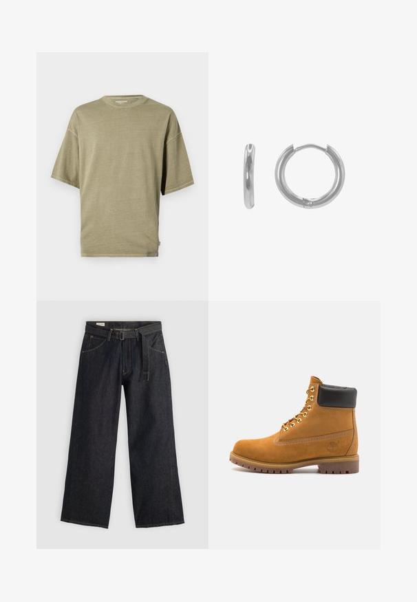Olivovo zelené tričko s krátkym rukávom vyrobené z mäkkej látky, s okrúhlym výstrihom a voľným strihom so zošitými lemami.; Tmavé denimové nohavice so širokými nohavicami a opaskom v páse, s prednými vreckami a kontrastným šitím. Hladká textúra s čistým dizajnom.; Tyrkysové semišové členkové topánky s čiernym polstrovaným golierom, zlatými kovovými očkami, bielym prešívaním a robustnou gumovou podrážkou s výraznými drážkami.; Strieborné kruhové náušnice s zaobleným dizajnom, lešteným povrchom a malým okrúhlym pántom na uzatváranie. Priemer približne 2,5 cm.