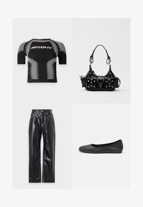 Black short-sleeve compression top featuring white MISBHV logo, zigzag and stripe patterns, with a fitted design and textured details.; Black faux leather pants with a wide-leg cut, featuring white stitching, front pockets, and a gold button at the waistband.; Black leather ballet flat with a rounded toe, smooth texture, minimal stitching detail, and a flexible sole design.; Black leather handbag with a curved design, featuring silver studs, a buckle, and two side pockets. Adjustable strap for carrying options.