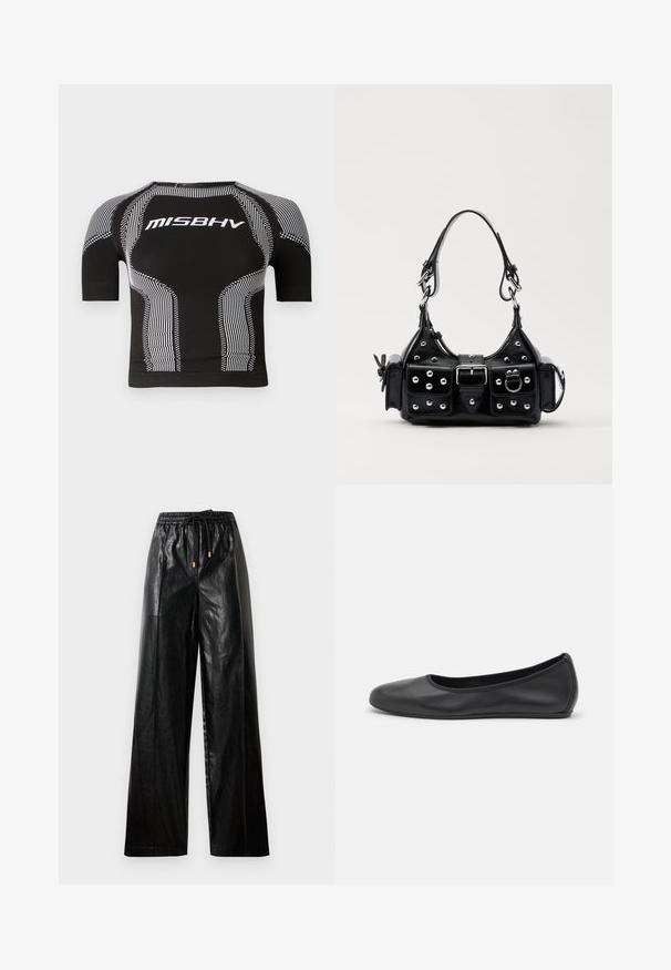 Černé kompresní tričko s krátkým rukávem s bílým logem MISBHV, vzory zigzag a pruhy, s přiléhavým střihem a texturovanými detaily.; Černé kožené kalhoty širokého střihu s elastickým pasem, stahovací šňůrkou a zlatými kovovými detaily. Hladká textura a volný střih.; Černé kožené baletní byty s kulatou špičkou, hladkou texturou, minimálními švy a flexibilním designem podrážky.; Černá kožená kabelka s křivkovým designem, zdobená stříbrnými hřebíky, s přezkou a dvěma bočními kapsami. Nastavitelný popruh pro různé možnosti nošení.