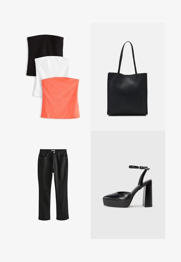 Next 3 PACK BANDEAU BOOBTUBES - Topp - multi/white/black stripe; Mustadest denimist püksid sirge lõikega. Omadused hõlmavad kuldtooni metallist detaile, viit taskut ja klassikalist vöökohta. Sile tekstuur.; Mustad platvormi kontsad terava ninaga ja reguleeritava pahkluuraamiga. Valmistatud siledast nahast, funktsioneerib massiivse plokknäheeliga.; Mustast nahast kott sujuva tekstuuriga, ristkülikukujuline ja kahe pika sangaga. Pole nähtavat riistvara ega kaunistusi.