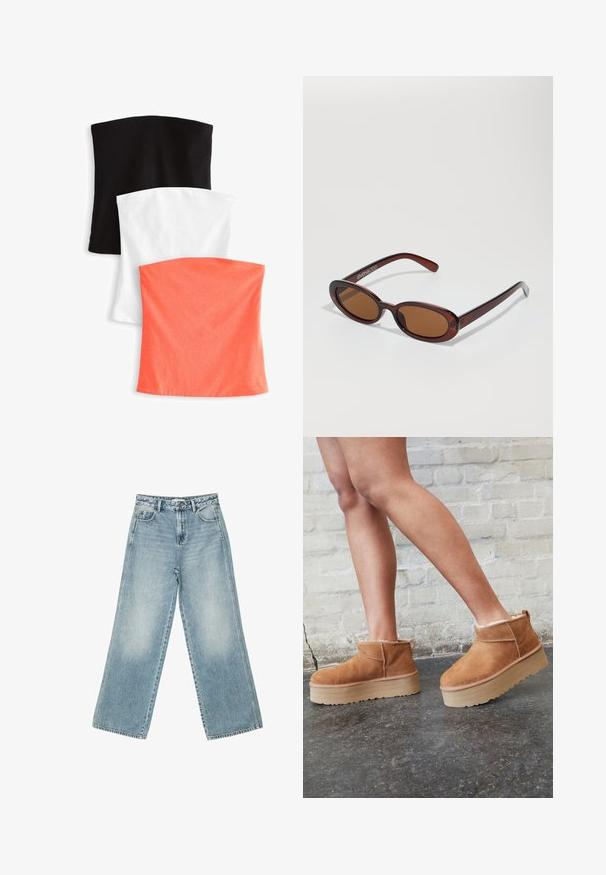 Next 3 PACK BANDEAU BOOBTUBES - Top - multi/white/black stripe; Lyseblå vide jeans lavet af denim, med høj talje, fem lomme design og subtil falmning langs benene.; Brune ruskinds ankelsko med en blød foring, tyk beige plattformsål og en bageste løkke. Tekstureret overflade med synlige sømdetaljer.; Runde, bruntonede solbriller med en glansfuld bordeauxramme. Slanke arme med diskret brandingdetalje. Flad linsedesign.