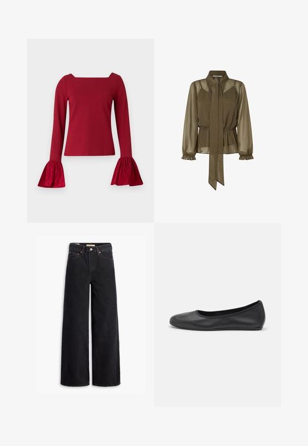 Maglietta rossa a maniche lunghe con scollo quadrato. Presenta maniche svasate e texturizzate e un corpo liscio. Realizzata in un tessuto morbido.; Blusa trasparente verde oliva con colletto legato, vita elastica e maniche lunghe a frufru. Tessuto leggero con un design fluttuante.; Jeans neri a gamba larga in denim, dotati di cinque tasche, rivetti in rame e chiusura con bottone classico. Texture liscia con un design pulito.; Pantofole da balletto nere in pelle con punta arrotondata, texture liscia, dettagli di cucitura minimi e design con suola flessibile.