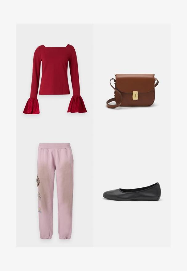 Rotes langärmliges Oberteil mit quadratischem Ausschnitt. Mit ausgestellten, strukturierten Ärmeln und glattem Körper. Aus weichem Stoff gefertigt.; Rosa Sweatpants mit elastischem Bund, verziert mit dekorativen Patches in Diamantform auf der linken Seite und elastischen Bündchen an den Knöcheln.; Schwarze Leder-Ballettschuhe mit abgerundeter Spitze, glatter Textur, minimalen Nähdetails und einem flexiblen Sohlen-Design.; Braune Ledertasche mit Klappenverschluss, Beschlägen in Goldfarbe, einem Schultergurt und einer glatten Oberfläche. Kompakte rechteckige Form.