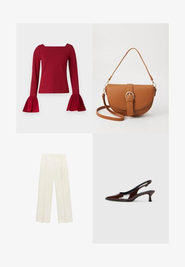 Rdeča bluza z dolgimi rokavi in kvadratnim izrezom. Ima razširjene, teksturirane rokave in gladek del. Narejena je iz mehkega blaga.; Hlače širokih nogavic v svetli kremni barvi. Narejene iz gladkega materiala s plitkimi naborki spredaj in stranskimi žepi.; Rjavi lakirani slingback čevelj z ostro konico in zmerno peto. Ima zaponko za varno prileganje. Gladka tekstura.; Rjava usnjena torbica prek telesa s ukrivljeno obliko, zlate opreme in sponko. Ima odstranljiv naramni trak.