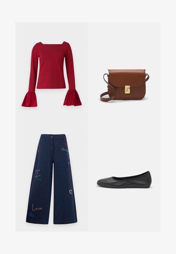 Raudonas ilgomis rankovėmis viršutinis drabužis su kvadratine iškirpte. Savybės: platėjantys, tekstūriniai rankovės ir lygi kūno dalis. Pagamintas iš minkštos medžiagos.; Tamsiai mėlynos plačios kojinės kelnės iš medvilnės su keliais kišenėmis. Yra spalvingo siuvinėjimo tekstas ir grafika, įskaitant širdeles ir žaismingas frazes.; Juodai odiniai baletai su apvaliu pirštu, lygi texture, minimalus siuvimo detales ir lanksčiu padų dizainu.; Ruda odinė rankinė su uždaromu dangteliu, aukso spalvos detalėmis, petneša ir lygiu paviršiumi. Kompaktiška stačiakampio formos.