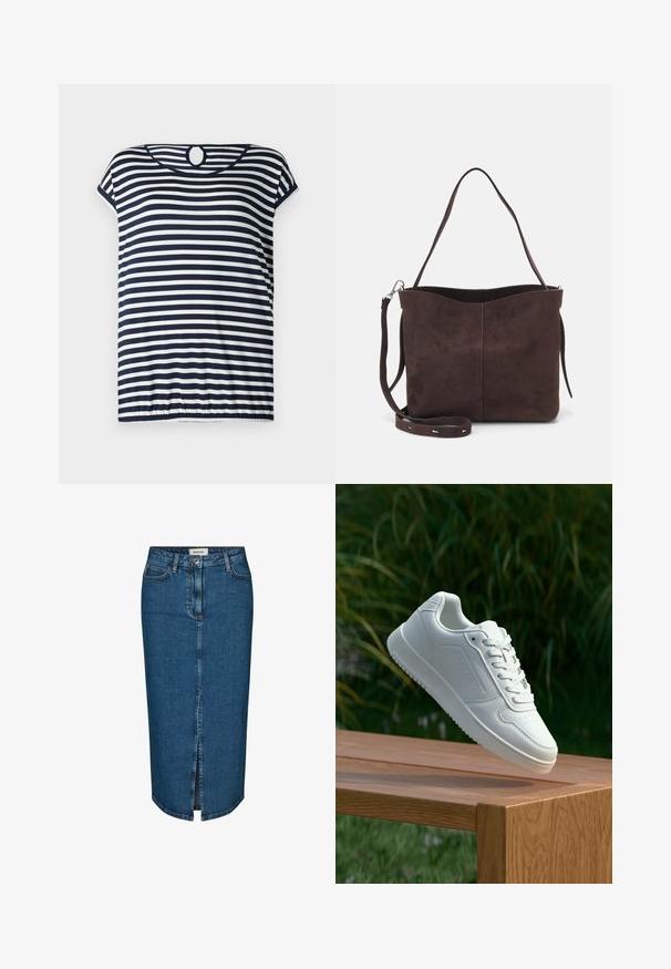 T-shirt rayé bleu marine et blanc, manches courtes, encolure ronde avec un détail en trou de serrure à l'arrière, ourlet légèrement froncé.; Jupe crayon en denim bleu foncé, avec une fente avant, cinq poches et des coutures contrastées. Taille mi-haute avec un design classique.; Sneakers blanches avec une tige synthétique lisse, un avant perforé, des lacets plats et une semelle texturée, présentées sur une surface en bois.; Sac fourre-tout en suède brun avec une texture douce, présentant une seule bandoulière et une ouverture supérieure légèrement courbée. Aucun détail de matériel visible.