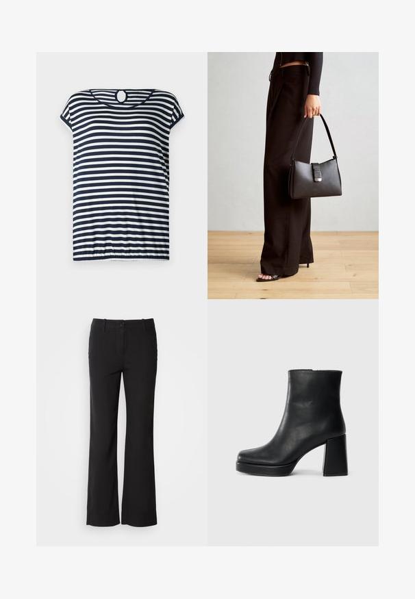 Camiseta a rayas en navy y blanco, de mangas cortas, con cuello redondo y detalle de ojal en la parte posterior, dobladillo ligeramente fruncido.; Pantalones de mezcla de algodón negros con un diseño de pierna recta, cierre frontal de botón y dos bolsillos laterales. Textura suave, sin patrones visibles.; Botín de cuero negro con tacón cuadrado y suela de plataforma, visto de lado sobre un fondo blanco liso.; Bolso negro con forma estructurada, textura suave y un cierre metálico. Combinado con pantalones anchos negros y sandalias de dedo en un suelo de madera.