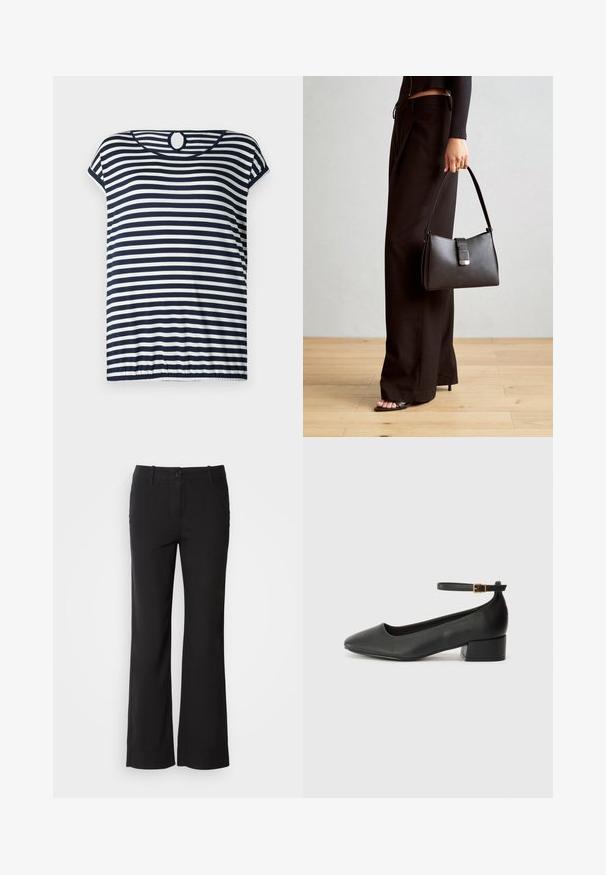 Laivastonsininen ja valkoinen raidallinen t-paita, lyhyet hihat, pyöreä pääntie, jossa on avaimenreikäyksityiskohta takana, hieman kootut helmat.; Mustat puuvillasekoitetekstiilit, jossa on suora lahje, etunappi kiinnitys ja kaksi sivutaskua. Sileä rakenne, ei näkyviä kuvioita.; Mustat nahkakengät, joissa on terävä kärki ja matala lohkare korko. Varustettu nilkkahihnalla, jossa on kultasävyinen solki. Lisää sileä pinta.; Musta käsilaukku, jossa on rakenteellinen muoto, sileä pinta ja metallinen solki. Yhdistetty leveisiin mustiin housuihin ja avonaiheisiin sandaaleihin puulattialla.