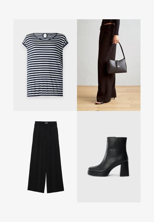Marineblå og hvid stribet T-shirt, korte ærmer, rund halsudskæring med en nøglehul detalje bagpå, let skræddersyet kant.; Sorte vide bukser i en tekstureret stofkvalitet, med elastisk talje og et aftageligt bånd i taljen for justerbar pasform.; Sort læder ankelstøvle med blokhæl og platformssål, set fra siden på en ensfarvet hvid baggrund.; Sort håndtaske med struktureret form, glat overflade og metalspænde. Sammen med brede sorte bukser og sandaler med åben tå på trægulv.