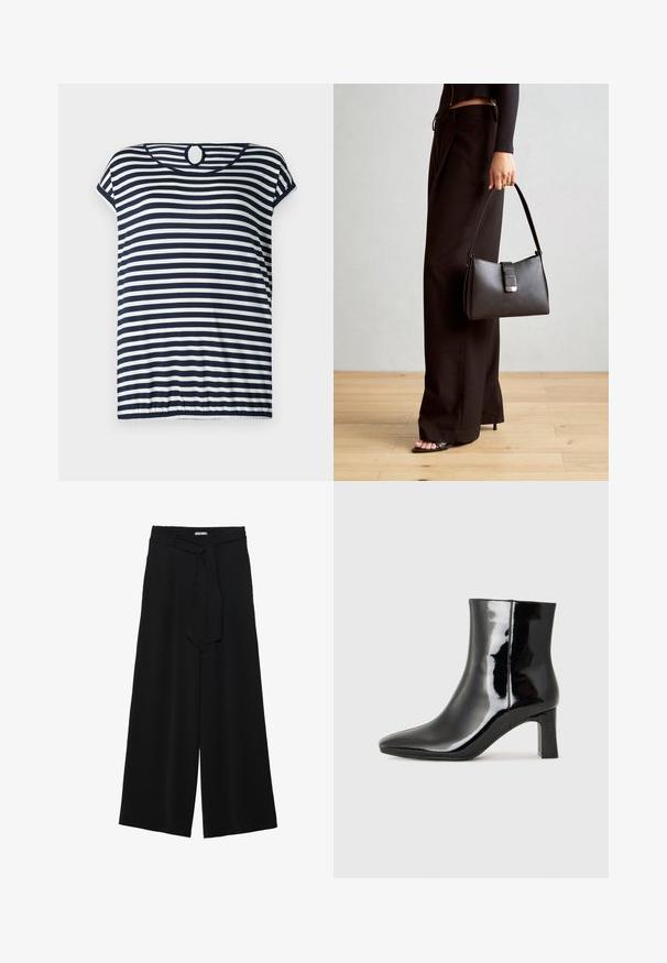 Marineblå og hvid stribet T-shirt, korte ærmer, rund halsudskæring med en nøglehul detalje bagpå, let skræddersyet kant.; Sorte vide bukser i en tekstureret stofkvalitet, med elastisk talje og et aftageligt bånd i taljen for justerbar pasform.; Sort lakeret ankelstøvle med spids tå og en midt-højde blokhæl. Glat tekstur og minimalistisk design.; Sort håndtaske med struktureret form, glat overflade og metalspænde. Sammen med brede sorte bukser og sandaler med åben tå på trægulv.