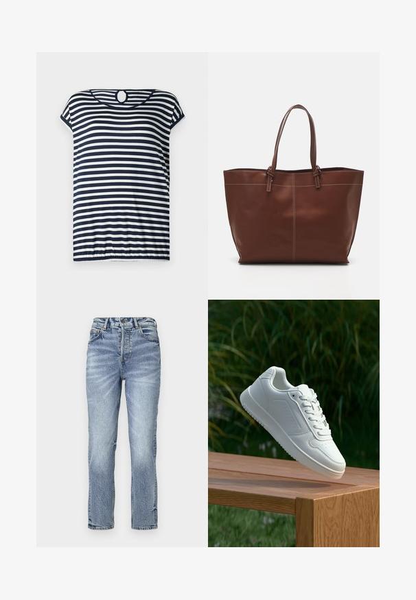 Navy and white striped T-shirt, short sleeves, round neckline with a keyhole detail at the back, slightly gathered hem.; Light blue denim jeans with a straight fit, high waist, faded texture, and five pockets. Features metal button and zipper closure.; White sneaker with a smooth synthetic upper, perforated toe box, flat laces, and a textured sole, displayed on a wooden surface.; Brown leather tote bag with double handles, features contrast stitching and a spacious design, suitable for everyday use.