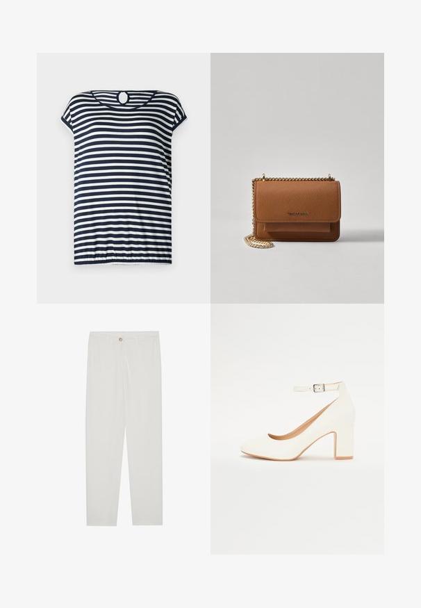 Tengerészkék és fehér csíkos póló, rövid ujjú, kerek nyakkivágással, hátul kulcslyuk részlettel, enyhén ráncolt aljjal.; Fehér, testreszabott nadrág egyenes szárú szabással, gombos záródással, övcsatolókkal és oldalsó zsebekkel; sima textúrájú anyag.; Fehér magassarkú cipő hegyes orral, tömbsarkal és bokapánttal. Simaság jellemzi, finom fénylő felülettel és bézs bélésborítással.; Barna textúrájú bőr keresztbody táska arany lánc pánttal és fedélzárral. Az elején logó részlet és egy zseb található a fedél alatt.