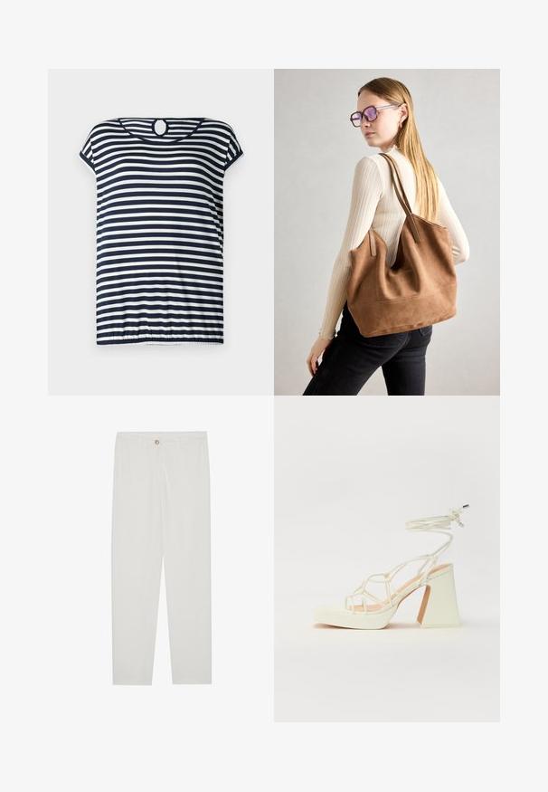 Marinblå och vitrandig T-shirt, kort ärm, rund halsringning med ett nyckelhål bakom, lätt rynkad nederkant.; Vita, skräddarsydda byxor med rak benform, med knappstängning, bältesslingor och sidofickor; mjuk tygtextur.; Vit högklackad sandal med en kraftig klack, med ett remdesign och ankelband. Slät textur med en plattform framtill för ökad höjd.; Brun mocka toteväska med mjuk textur, stor öppning och långa axelremmar. Har en enkel design med synliga sömmar och ingen hårdvara.