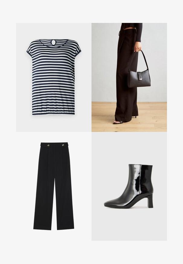 Navy and white striped T-shirt, short sleeves, round neckline with a keyhole detail at the back, slightly gathered hem.; Black wide-leg trousers with high waist, button details on waistband, and front pleats.; Black patent leather ankle boot with a pointed toe and a mid-height block heel. Smooth texture and minimalist design.; Black handbag with structured shape, smooth texture, and a metallic clasp. Paired with wide black pants and open-toe sandals on wooden floor.