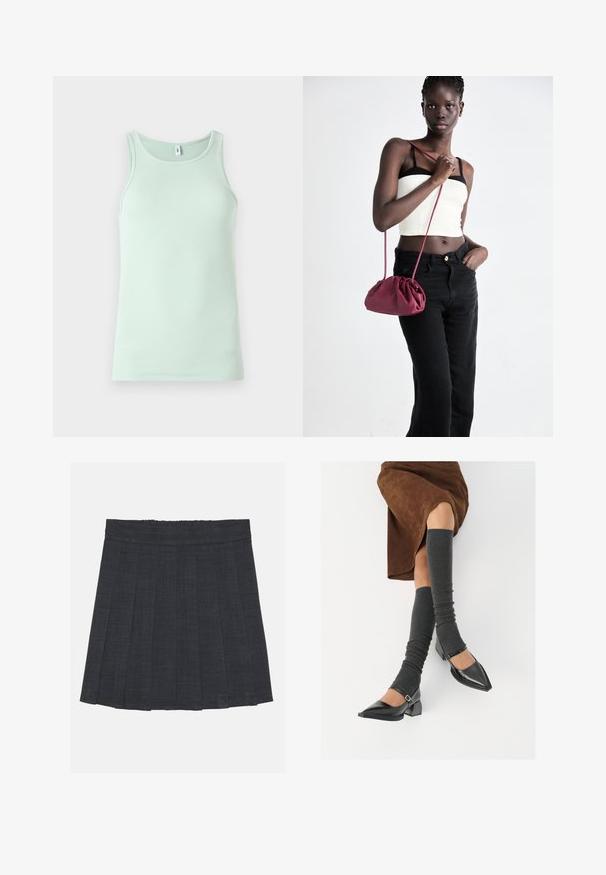 Világos mentaszínű, bordás anyagból készült ujjatlan topp. Kerek nyakkivágással rendelkezik, a stílusa letisztult, egyszerű.; Sötétszürke pliszírozott szoknya rugalmas derékkal, texturált anyagból, klasszikus A-vonalú sziluettel. Alkalmas mindennapi viseletre.; Fekete lakk bőrből készült, hegyes orrú cipők, tömbsarkúakkal és bokapánttal, szürke bordás lábszármelegítőkkel és barna velúr szoknyával párosítva.; Burgundy puha anyagú kézitáska, ráncolt dizájnnal és hosszú pánttal, keresztben hordva. A modellen fehér rövid top és fekete farmer van.