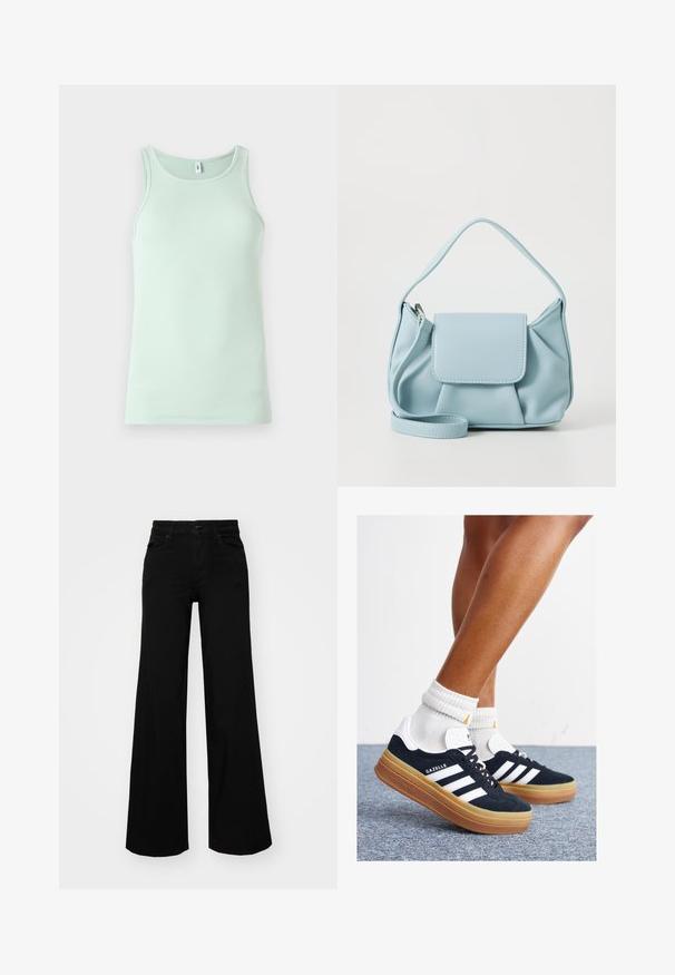 Camisola sem mangas de um verde menta claro, feita de tecido canelado. Apresenta um decote redondo e um design simples, sem adornos.; Calças largas pretas em denim, com uma cintura estruturada, passantes para cinto e bolsos frontais. Textura suave com um design clássico.; Ténis de camurça preta com riscas e detalhes brancos, biqueira arredondada, sola em borracha cor de goma, combinados com meias brancas caneladas até à altura do tornozelo.; Bolsa de mão de couro azul claro com alça superior, bolso frontal com aba e alça de pulso destacável, em fundo branco.
