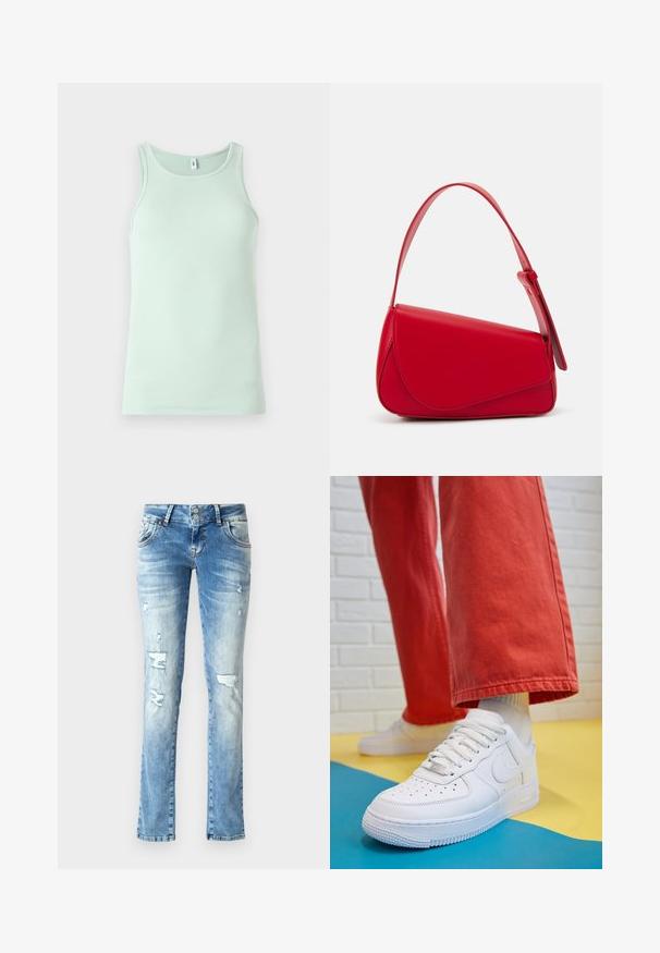Svijetlo mint zelena majica bez rukava izrađena od rebraste tkanine. Ima okrugli dekolte i jednostavan, neukrašen stil.; Svijetloplavi traperice s opuštenim krojem, s detaljima istrošenosti, dugmetom na zatvaranju s dva gumba i ravnim nogavicama.; Bijele kožne tenisice s perforiranim prednjim dijelom, teksturiranim đonom i bijelim vezicama, u kombinaciji s širokim crvenim hlačama i plavo-žutom pozadinom.; Crvena kožna torba s kutnim, geometrijskim dizajnom. Ima jedan podesivi remen i preklopni zatvarač sa šivenim detaljima.